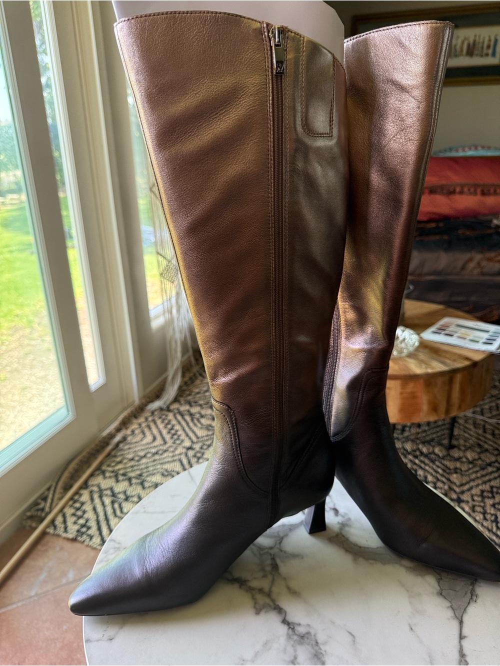 New Brown 2 tone metallic leather boots, Pointed-Toe Knee-High